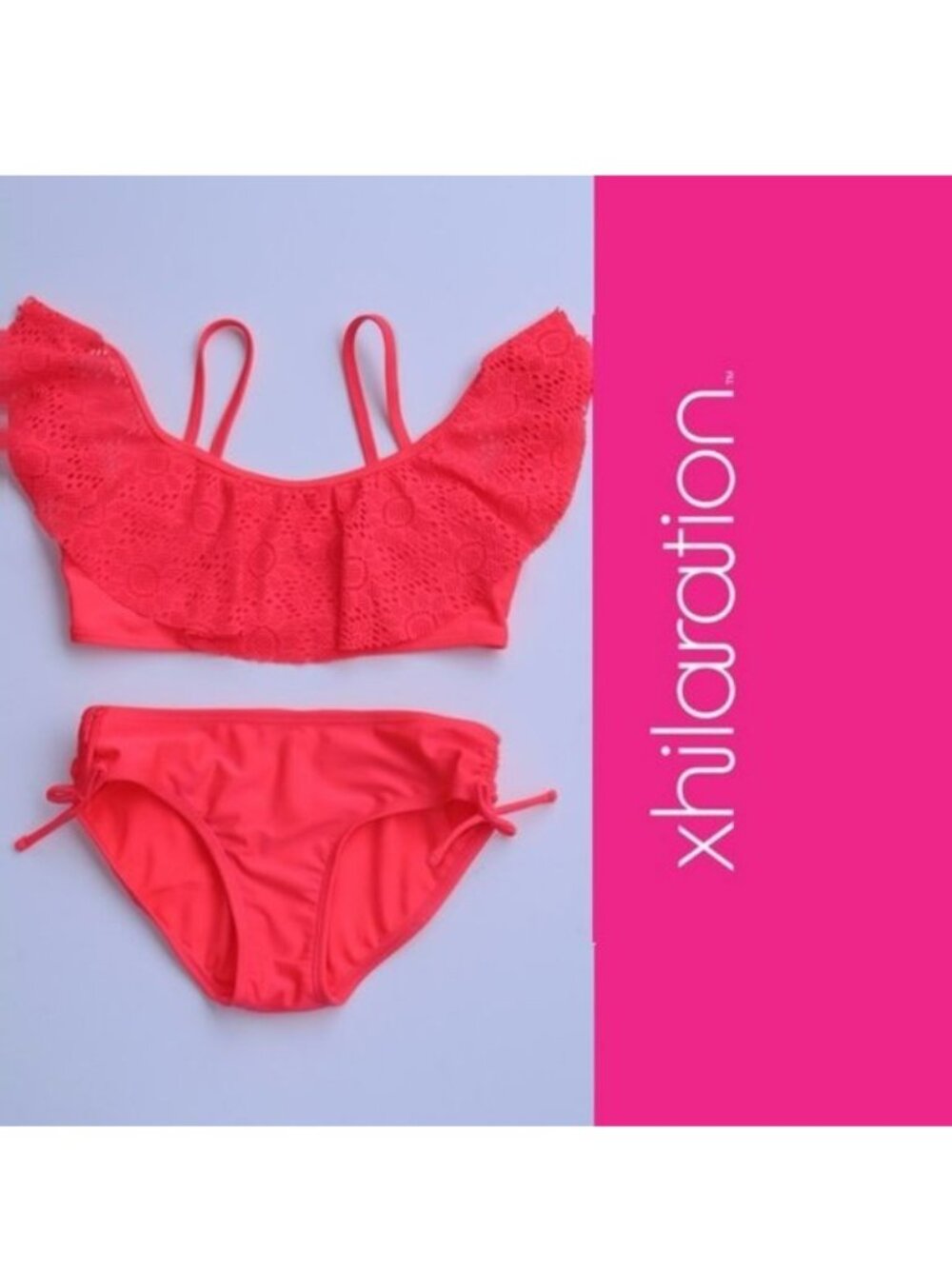 Xhilaration | Neon Coral Lace Ruffle Bikini Swimsuit Set | Size Medium (7/8)